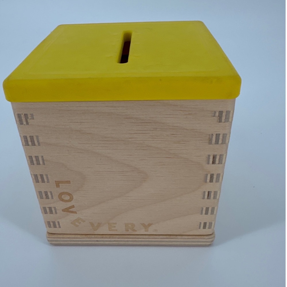 Lovevery Wooden Coin Bank Box Replacement BOX ONLY Toy Natural Wood Yellow Lid